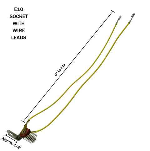 Dead Simple Hookup E10 Socket Kit With Six Inch Wire Leads And Attached Brackets For Miniature Screw Base Light Bulbs showing a socket with two 6-inch wire leads.