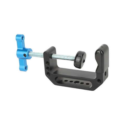 Aluminum C Clamp With 1/4 Inch And 3/8 Inch Mounting Points Blue T Handle Beefy Heavy Duty Desk Cart Bench Post Clamp Jaw Opens 3mm To 65mm Rock Solid Rigging For Studio Cameras Woodworking And DIY Projects black and blue aluminum C clamp with T-handle, 1/4 and 3/8 threads