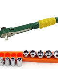 Snag This Solid Mini Ratchet Wrench Set With 1/4 Inch Drive And Nine Proven Metric Sockets From 5mm To 13mm featuring a green handle.