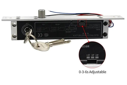 Heavy Duty 12 Volt Electric Mortise Lock Featuring Alloy Magnetic Drop Bolt And Reliable Fail Secure Function With Integrated Time Delay Switch, detailed view with adjustable timer settings.