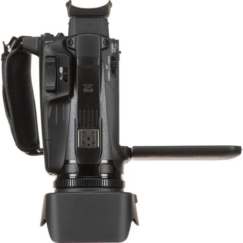 HF G70 4K Camcorder With 20x Optical Zoom, side view, showing buttons, handle, and HDMI output, professional video camera