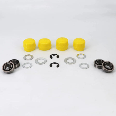 Heavy Duty Front Wheel Bearing And Axle Rebuild Kit For Riding Lawn Mowers includes bearings, yellow caps, washers, and clips.