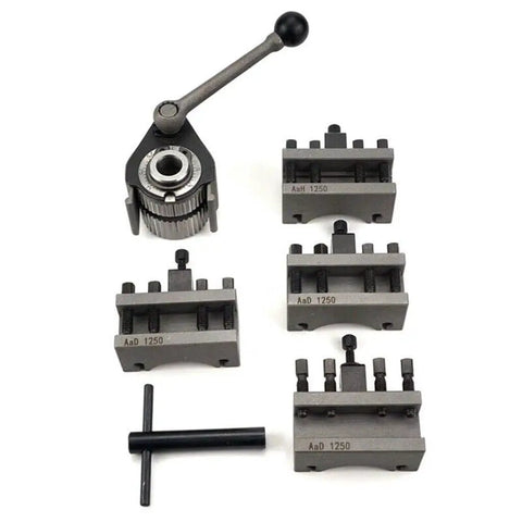 Quick Change Tool Post Holder For Mini Lathe With Multifix Style, includes basic body, steel holders, adjustable tool height visible.