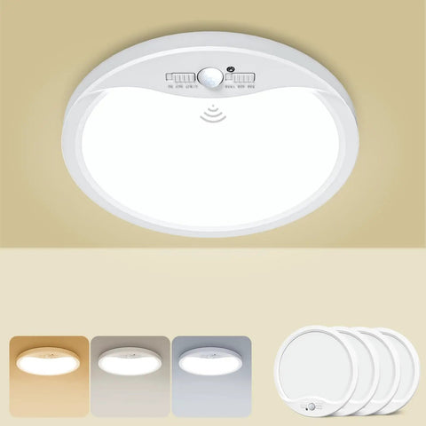 Four Pack 9 Inch Motion Sensor Ceiling Lights Wired LED Flush Mount Bright White 18W 1800lm With Three Color Temperature Modes And 30 To 120 Second Timer For Closet Pantry Hallways Stairwells Garage