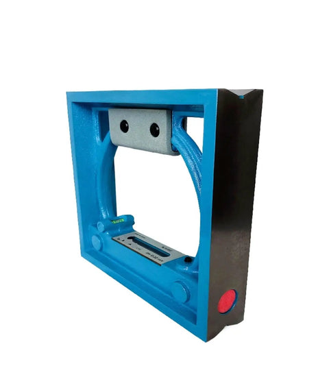 Heavy Duty Cast Iron Square Frame Bubble Level Featuring A Straight Shooting Vial With Cut Above Precision Machinist Tool For Workhorse Grade Shop Projects, blue frame and vial displayed at an angle.