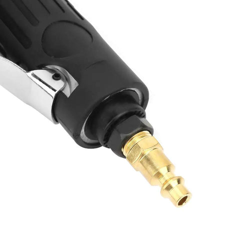 Badass 90 Degree Pneumatic Angle Grinder With Slick Ergonomic Comfort Grip And Tight 20000 RPM Air Die Tool connector close-up.
