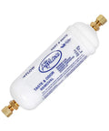 Six Inch Inline Water Filter For Refrigerator Ice Maker With Brass Quarter Mip And Seven Sixteenths Compression Adapters, white filter with brass connectors.