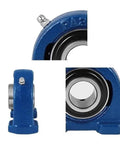 Ucpa Series Self Aligning Pillow Block Unit With Insert Ball Bearing Cast Iron Frame Short Base Mount showing grease port and solid lock.