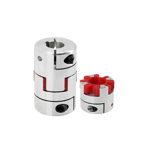 Heavy Duty Jaw Type Flexible Shaft Coupler With Solid Rubber Spider And Aluminum Housing For Motor Connectors And Industrial Power Drive 15 By 32 mm Fo Sho Dope Build, shown from front and side.