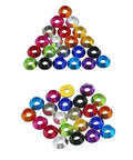 Hella Durable M4 Flat Washers Titanium Gray Aluminum Alloy Socket Head Cap Screw Hardware Set One Hundred Pack Precision Machined Fastening Rings in various colors.