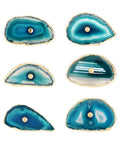 Super Chic Agate Stone Cabinet Knobs With Gold Plated Edges, set of 6 blue gemstone knobs in assorted organic shapes.