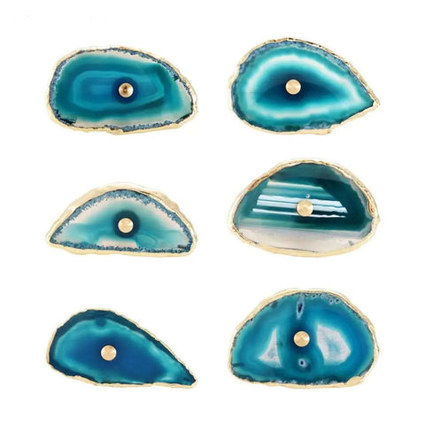 Super Chic Agate Stone Cabinet Knobs With Gold Plated Edges, set of 6 blue gemstone knobs in assorted organic shapes.