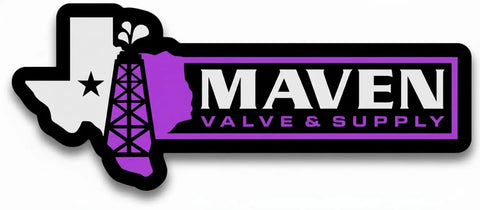 Maven Valve & Supply logo with Texas state outline and oil rig graphic in black and purple.