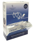 Audiologist's Choice Audio Wipes box with 100 wrapped, alcohol-free towelettes for hearing aids and earbuds.
