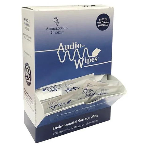 Audiologist's Choice Audio Wipes box with 100 wrapped, alcohol-free towelettes for hearing aids and earbuds.
