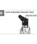 Heavy Duty Pneumatic Stopper Cylinder With Fixed Mounting Height Design For Automated Lines showing lever with adjustment bolt and metal body.