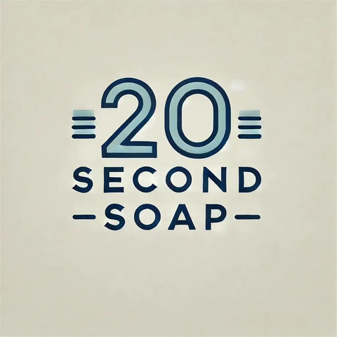 20 Second Soap brand logo featuring blue text on a cream background, highlighting quick wash concept.