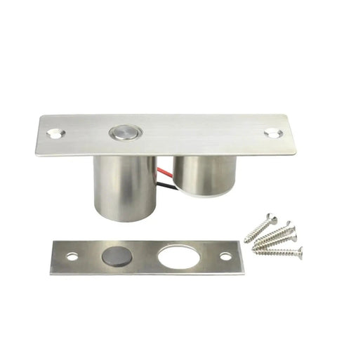 Rock Solid Access Control System Featuring Heavy Duty Electric Magnetic Lock With Integrated Drop Bolt Deadbolt For Ultimate Security On Glass Doors Electronic Operation Runs Like Butter, stainless steel components shown.