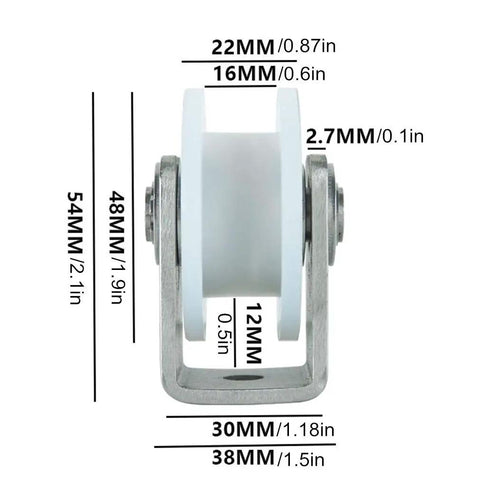 Heavy Duty Slick Glide Caster Wheels Built Tough For Rock Solid H Style Sliding Track Operation Featuring Premium 304 Stainless Steel Bearings For Smooth Industrial Door Guides And Wire Rope Rail Systems At Three Inch Size with dimensions.
