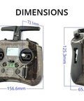 Pocket Remote Controller With Hall Gimbal, EdgeTX Preloaded, shown with dimensions, transparent mode 2 ready, foldable antenna