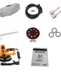 Varsity Grade Adjustable Wall Grinder Hooks Up To Shop Vac For Dust Free Putty Work parts including 2M hose, sanding discs, and manual.