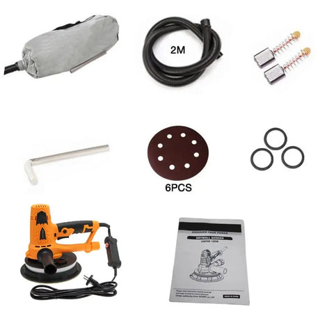 Varsity Grade Adjustable Wall Grinder Hooks Up To Shop Vac For Dust Free Putty Work parts including 2M hose, sanding discs, and manual.