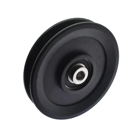 Universal Four Point Five Inch Nylon Gym Cable Pulley Wheel showing black durable nylon material and polished bearing.