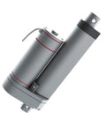 Heavy Duty DC Linear Actuator Featuring Built In Encoder For Crisp Feedback And Smooth Push Pull Power 50Mm To 300Mm Stroke Choices 48V Driven Electric Motor in silver with red accents.