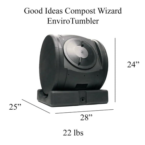 Compost Wizard EnviroTumbler black 6.5 cu ft capacity with aeration vents, rolling design, recycled polyethylene material.