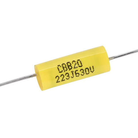 Top Shelf Polyester Film Capacitor Kit 630V 0.022uF Axial Leads close-up of yellow film capacitor with axial leads