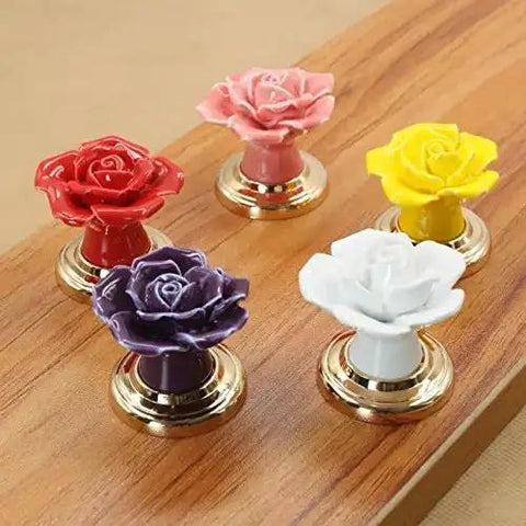 Set Of Ten Vintage Ceramic Rose Cabinet Knobs With Gold Plated Base For Kitchen Drawers And Cupboard Doors bringing slick European vibe, colorful ceramic knobs.