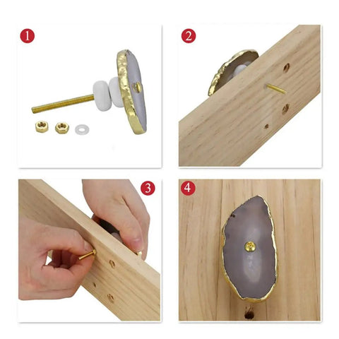 Instructions for Top Tier Natural Agate Stone Cabinet Drawer Knobs With Gold Plated Edges And Textured Surfaces installation steps.