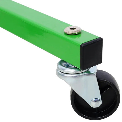 Close-up of the heavy-duty green powder-coated steel handle and smooth caster of the Professional Grade Tire Storage Stand.