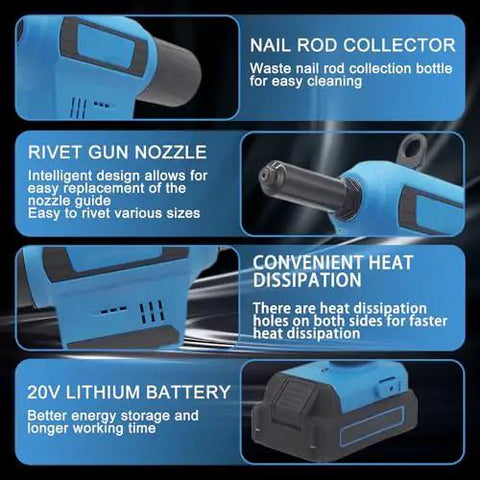 20V Cordless Electric Rivet Gun Tool Free Head Swap with nail rod collector, rivet gun nozzle, and lithium battery features.