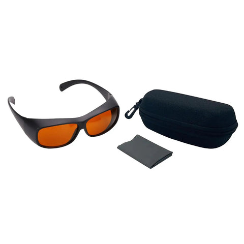 Professional Grade Kickass Laser Safety Glasses With Hella Od5 Plus Eye Defense Across One Hundred Ninety To Eleven Hundred Nanometer Wavelength Range For Spa Studios And Beauty Clinics In Classic Orange Lens with case and cleaning cloth