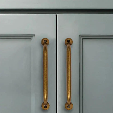 10 Pack 3 Inch Center To Center Antique Brass Vintage Cabinet Pulls Heavy Duty Solid Zinc Alloy Drawer Handles For Kitchen And Bathroom Vanity Old World Look Badass Style Upgrade on grey cabinet doors.
