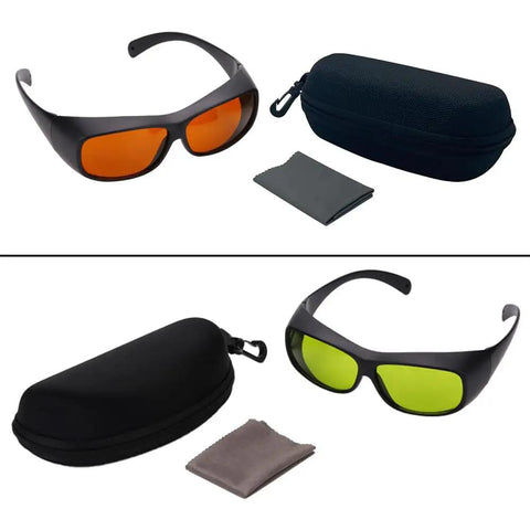 Big Deal Ipl Laser Safety Glasses With Od7 Plus Lens For Spa Owners And Laser Pros Offering Killer Eye Shielding From Eight Hundred To One Thousand One Hundred Nm In Solid Green Rims, displayed with cases and cleaning cloths.