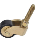 Hella Sturdy Solid Brass Stem Casters With Antique Gold Finish 7MM Slick Swivel Wheels Heavy Duty Rollers Smooth Silent Glide For Couches And Cabinets 4 Pack close-up of brass caster with black wheel and threaded stem.