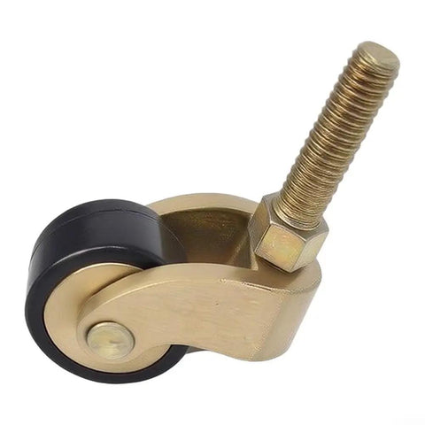 Hella Sturdy Solid Brass Stem Casters With Antique Gold Finish 7MM Slick Swivel Wheels Heavy Duty Rollers Smooth Silent Glide For Couches And Cabinets 4 Pack close-up of brass caster with black wheel and threaded stem.