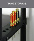 Built Tough 42 Inch Plastic Resin Four Tier Shelving Rack Featuring Easy Clean Solid Panels And A Rock Solid Seven Hundred Pound Weight Capacity for organized tool storage.