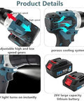 Heavy Duty Cordless Electric Rivet Gun With 5.2Ah Battery And Automatic Riveting Tool For M3 Through M12 Rivets showing adjustable speed gears and cooling system.