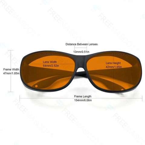 Heavy Hitter Laser Safety Glasses Serving Top Tier OD Plus Protection Against UV And Blue Light Filters For 405nm 445nm 450nm Lasers With A No Sweat Oversized Design In Glossy Black - front view with measurements