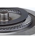 Close-up of the bearing mechanism in Heavy Duty Tempered Glass Lazy Susan Roller Tray Matte Black 31 Inch Round Dining Table Spinner.