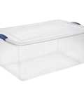Badass 105 Quart Clear Plastic Storage Bin With Snug Blue Latching Lid Stackable Heavy Duty Box Built For Closets Garages Basements And Home Organization, clear design with blue latches.