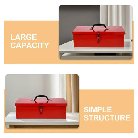 Slick Red Metal Toolbox Chest With Reinforced Carry Handle For Portable Gear Storage And Heavy Duty Tool Organization That Serves As The Ultimate Hardcore Hardware Locker displayed on a table.