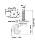 Top Shelf Four Piece Brass Piano Casters Featuring Dead Silent Swivel Wheels dimensions diagram with M8 threaded stem and smooth glide pads