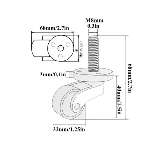 Top Shelf Four Piece Brass Piano Casters Featuring Dead Silent Swivel Wheels dimensions diagram with M8 threaded stem and smooth glide pads
