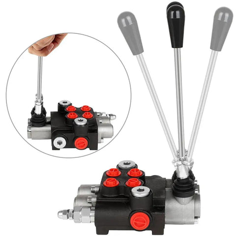 Beefy Hydraulic Flow Control Valve With Two Spools, 11 GPM, G Port Inlets pictured with lever handle and red controls for tractor loaders
