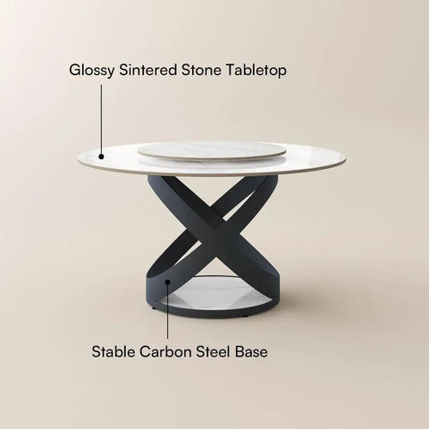 Modern 51 Inch Round Dining Table Slick Glossy White Sintered Stone Top Built Tough Black X Carbon Steel Base Lazy Susan close-up.