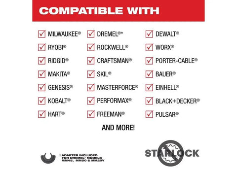 Compatibility chart for Professional Grade Oscillating Multi Tool Blades One Three Eighths Inches Carbide Tipped Cutting Edges Five Pack.